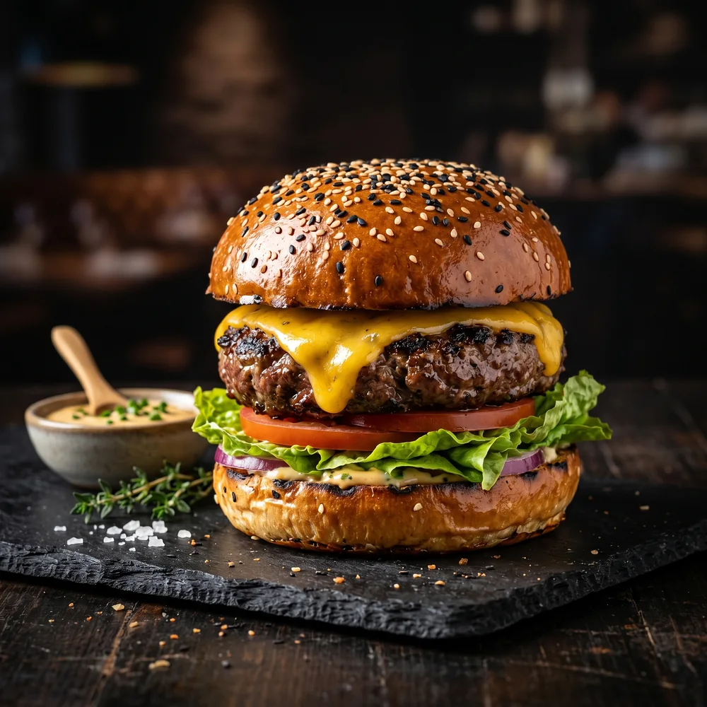 Hamburguesa gourmet, fotografía de producto realista creada con IA