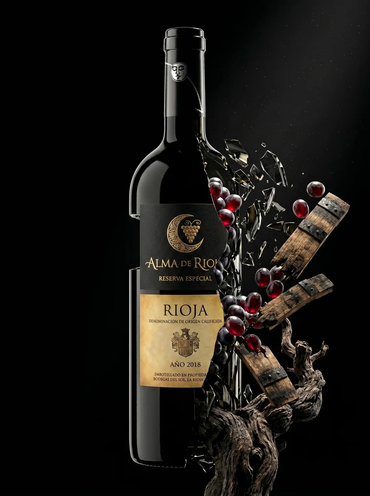 Botella Alma de Rioja Reserva Especial deshaciéndose en uvas, duelas de barrica y cepa