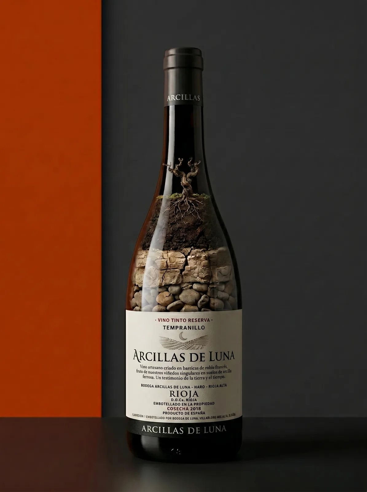 Botella Arcillas de Luna Tempranillo con cepa y suelo de arcilla y cantos en el interior