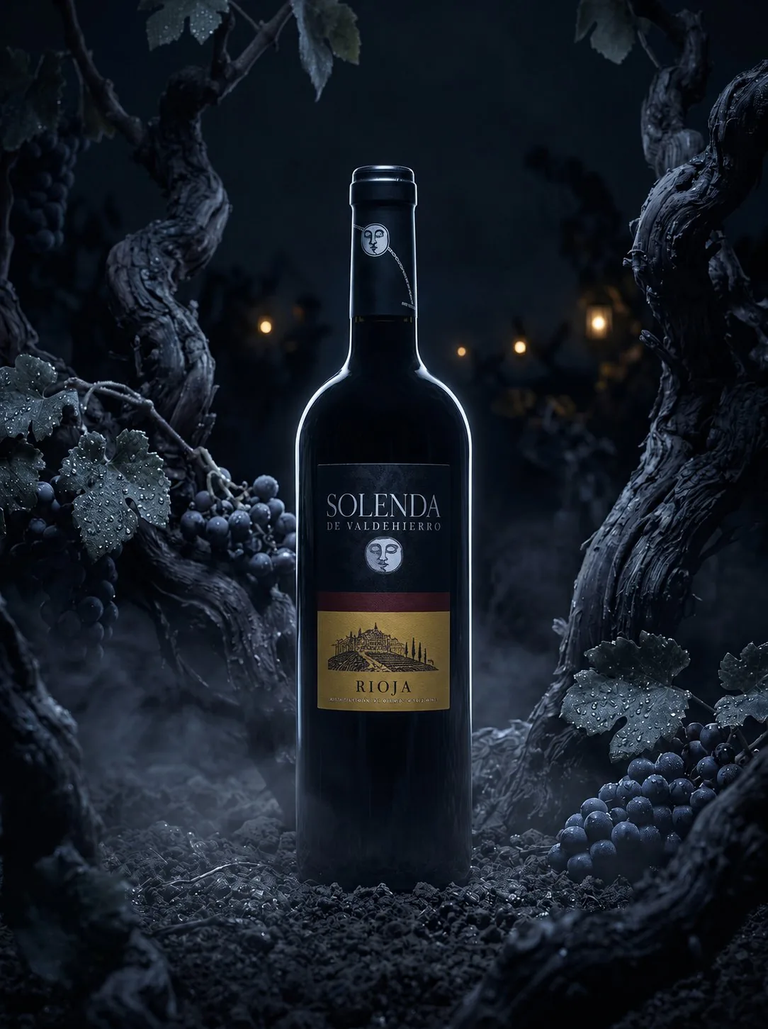Botella de vino en viñedo nocturno, campaña de temporada