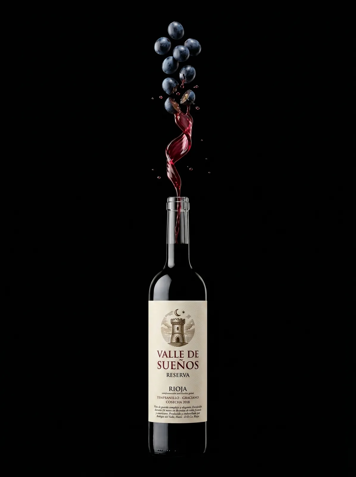 Botella de vino sobre fondo negro para tienda online y Amazon