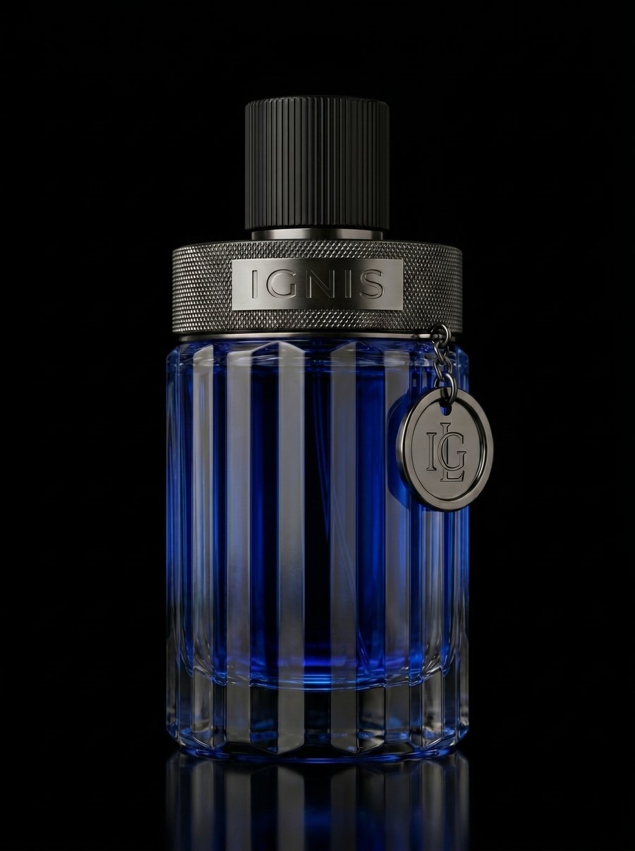Perfume IGNIS Azur de cristal azul, generado con IA