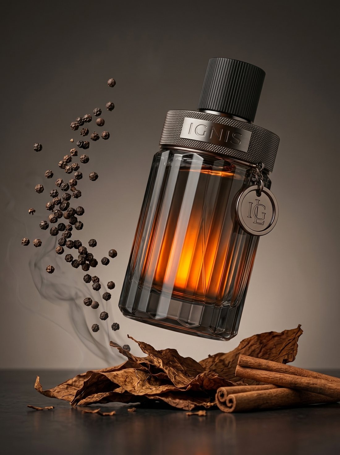 Perfume IGNIS flotando entre pimienta negra, hojas de tabaco y canela, generado con IA