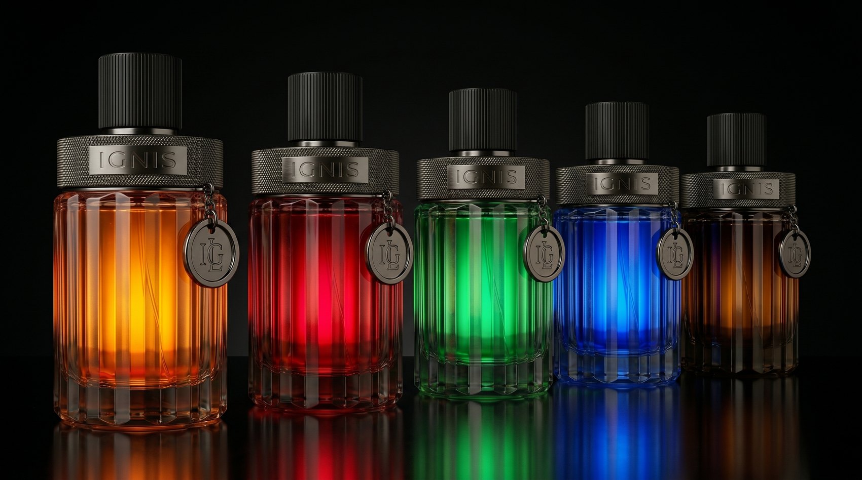 Los cinco perfumes IGNIS en fila: naranja, rojo, verde, azul y ámbar, generados con IA