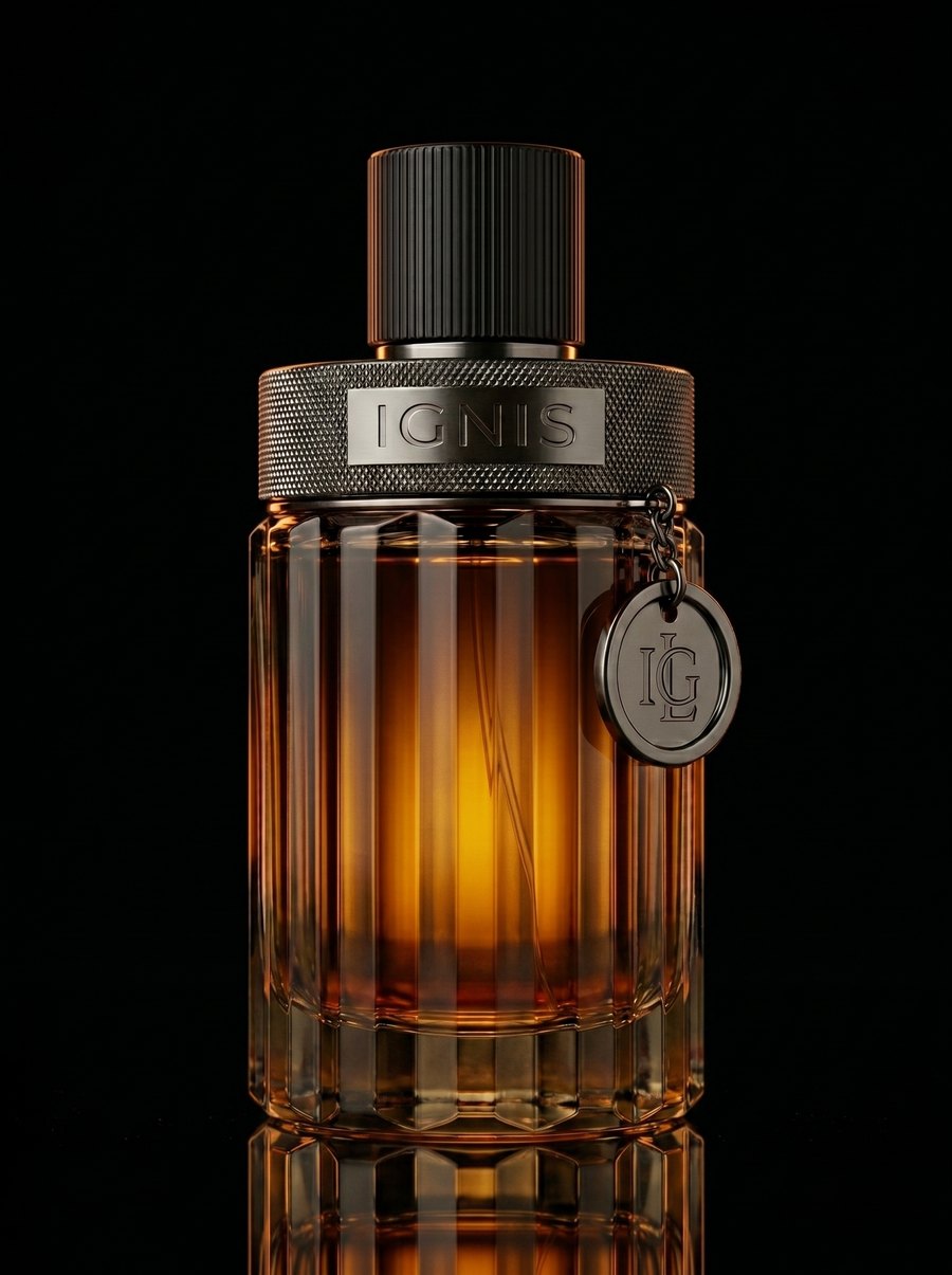 Perfume IGNIS Original de cristal ámbar-naranja, generado con IA