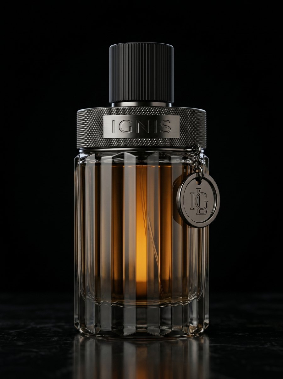 Perfume IGNIS Noir de cristal ámbar oscuro, generado con IA
