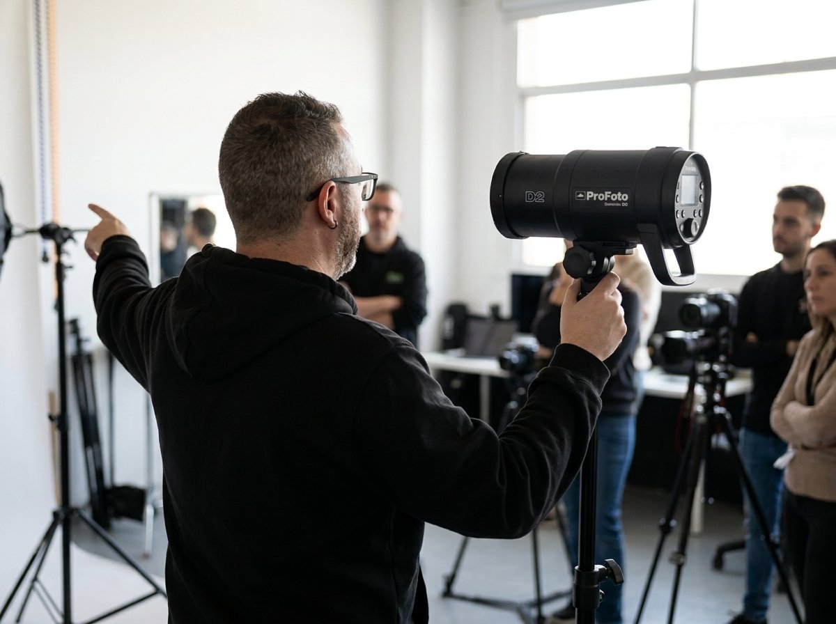 Josu Izarra dirigiendo una demostración de iluminación con flash ProFoto ante sus alumnos