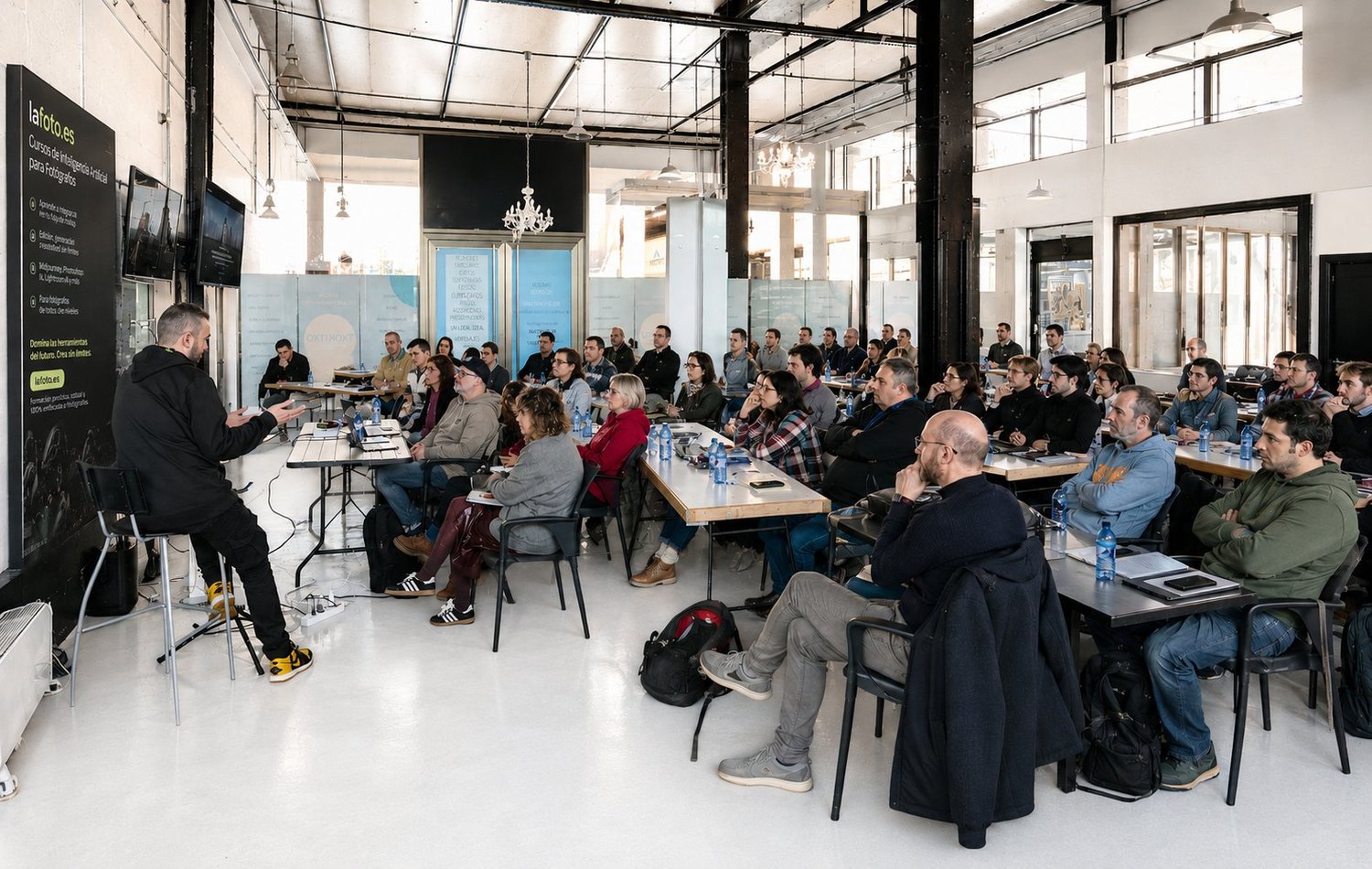 Josu Izarra impartiendo una masterclass de IA para fotógrafos ante una sala llena