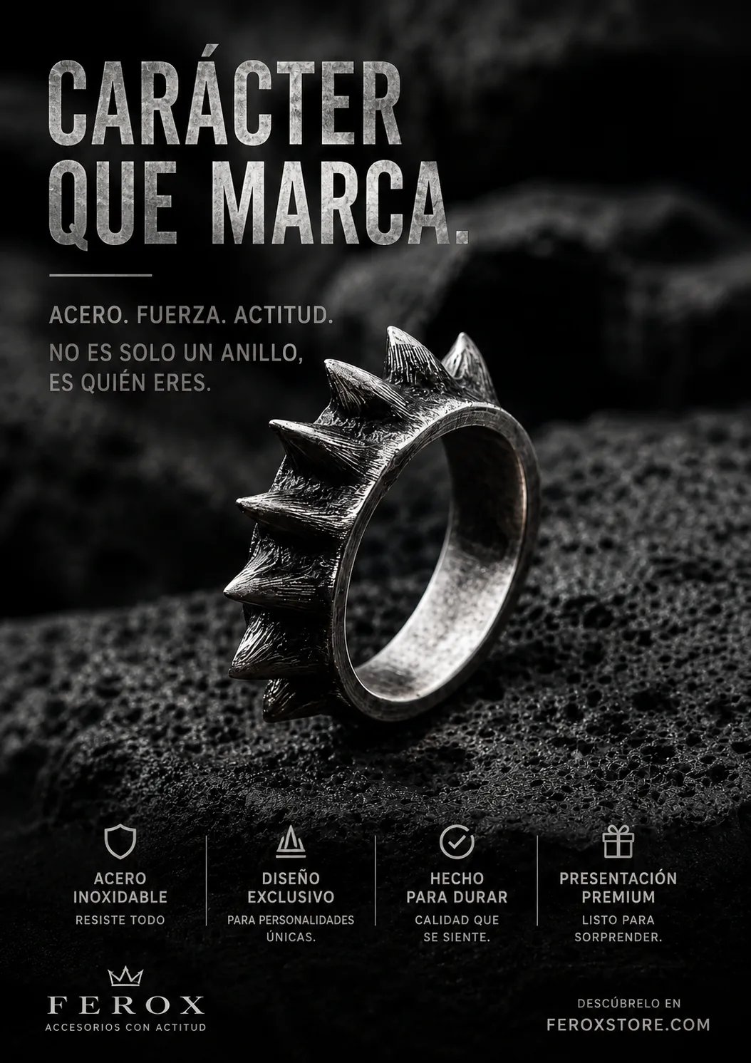 Anillo de acero bajo campana de cristal, fotografía de producto con IA