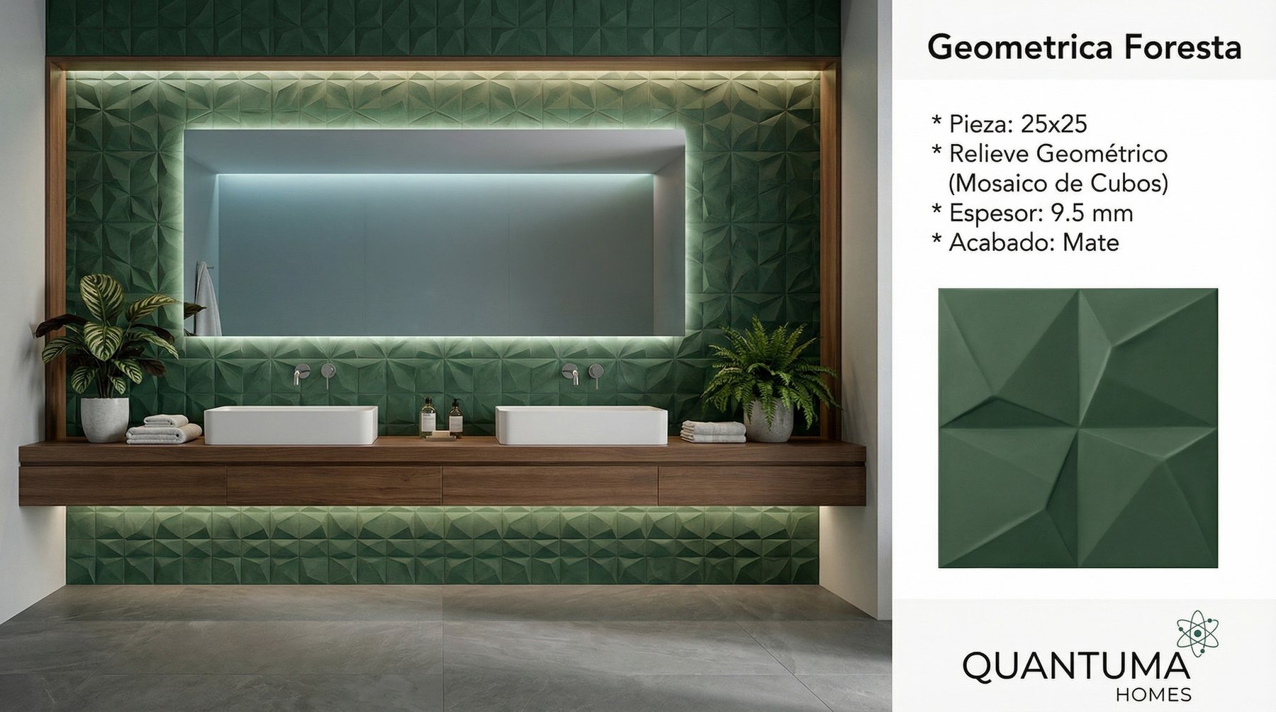 Baño con baldosa de relieve geométrico Geometrica Foresta generada con inteligencia artificial para Quantuma Homes