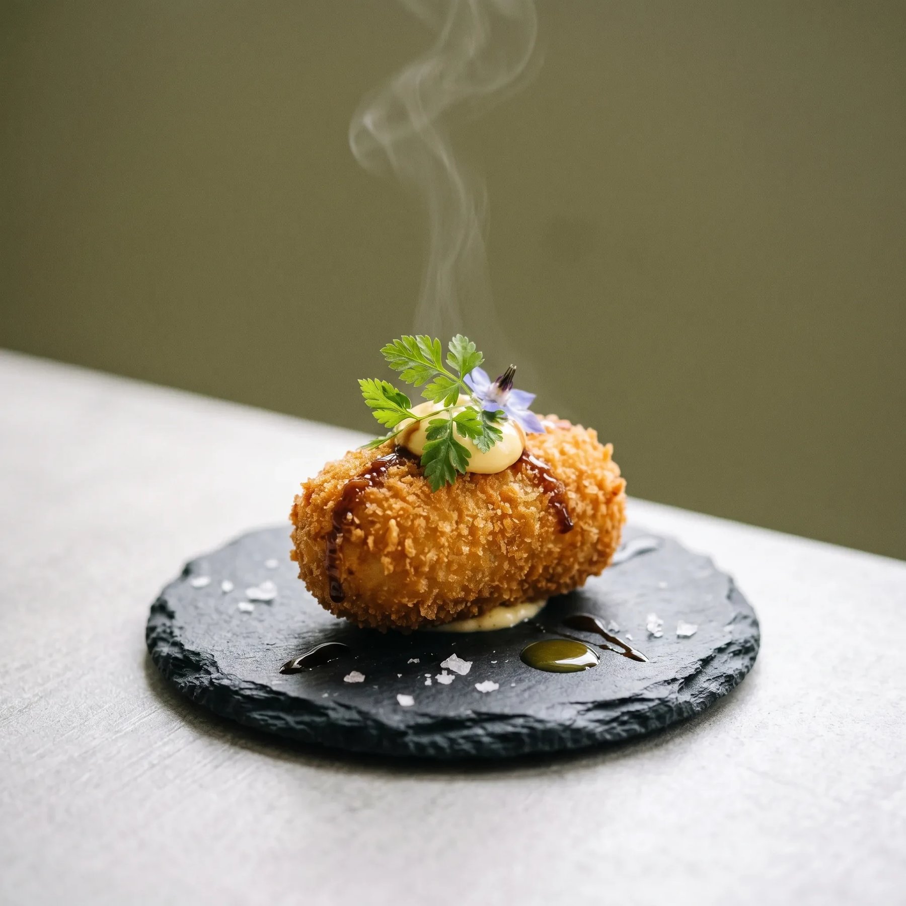 Croqueta gourmet, fotografía gastronómica con IA