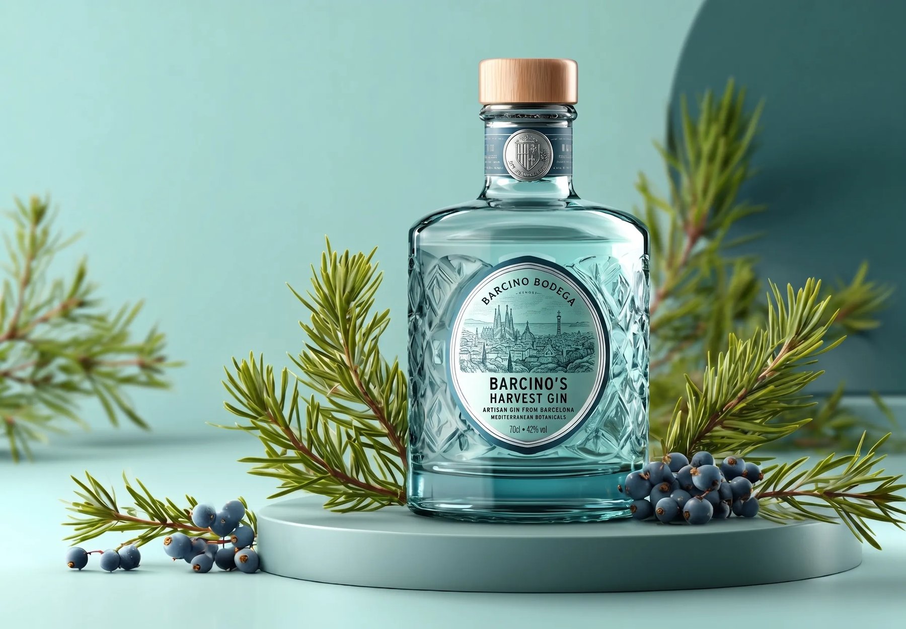 Ginebra con botánicos, fotografía de producto con IA