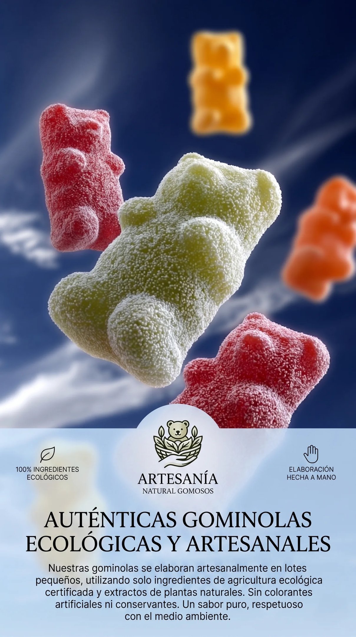 Gominolas artesanas, fotografía de producto con IA