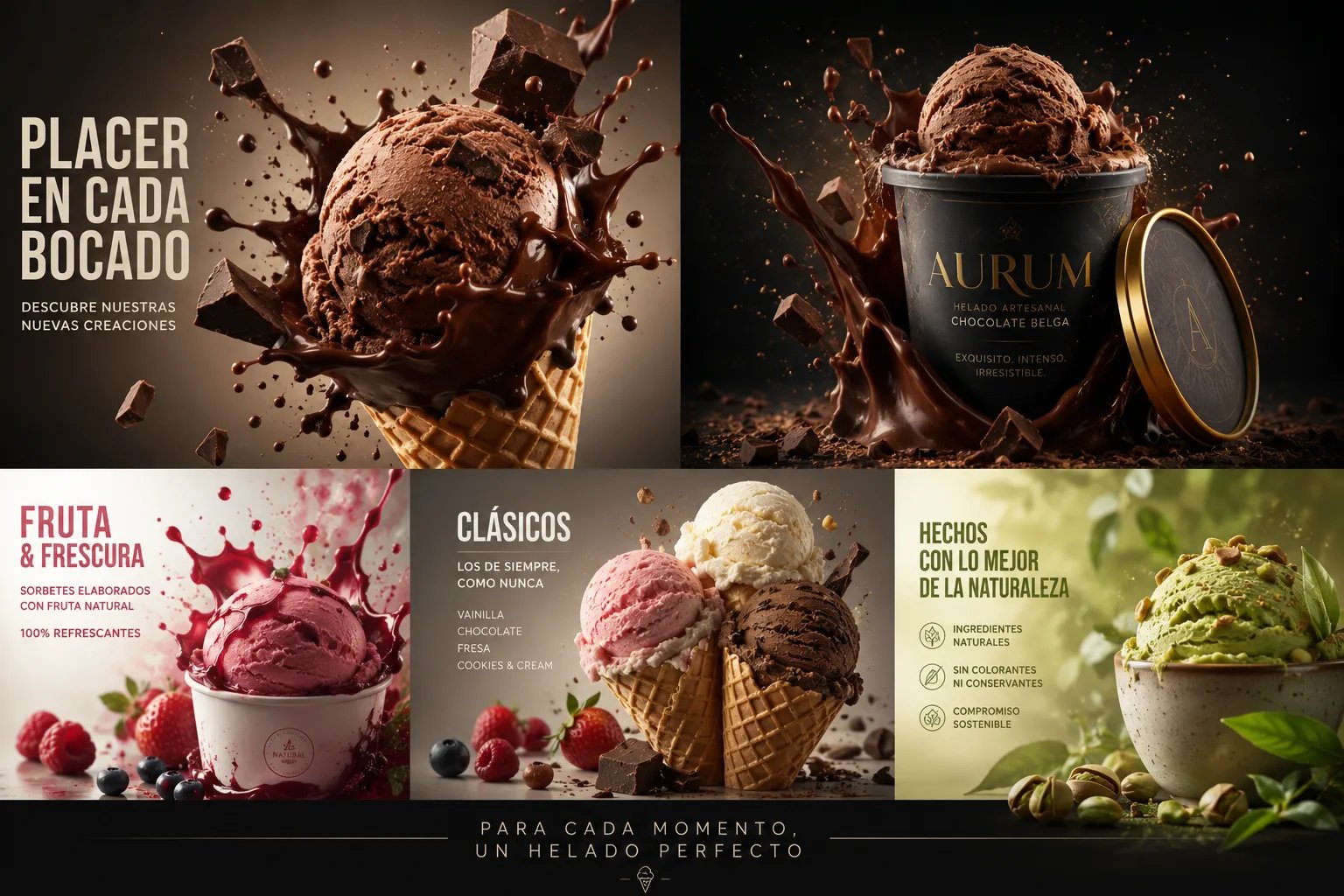 Helado artesano, fotografía gastronómica con IA