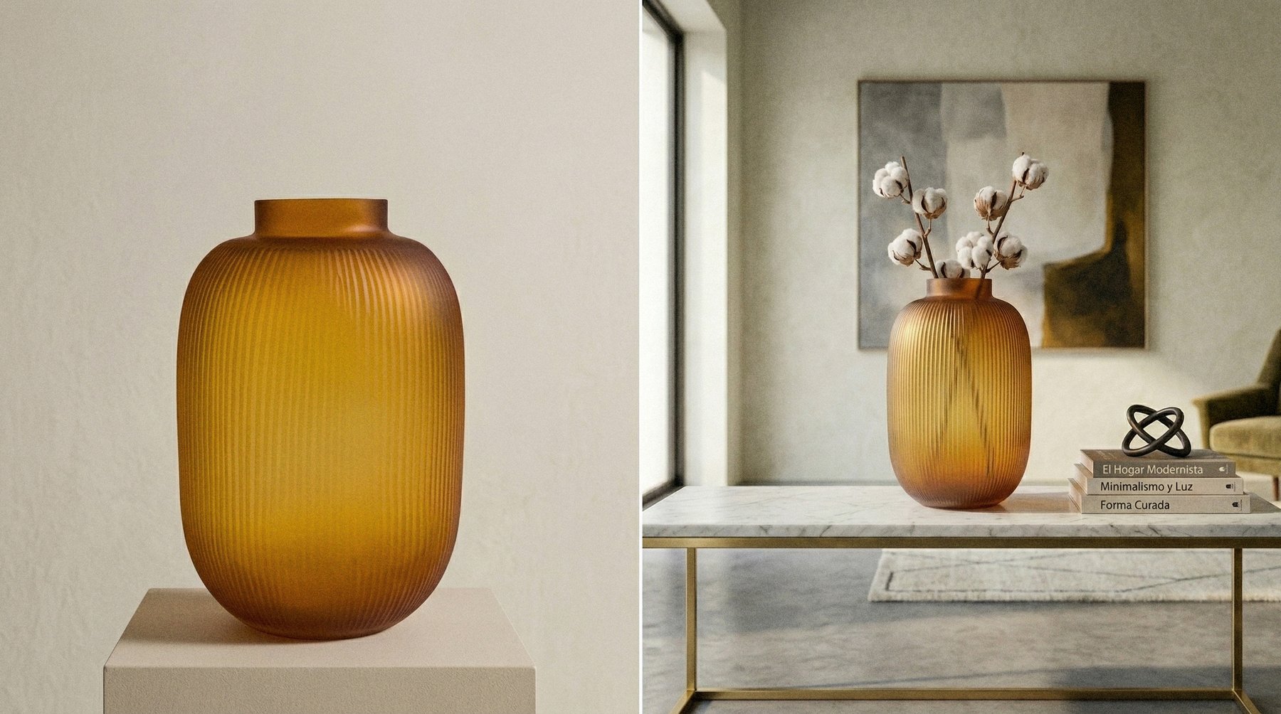 Jarrón decorativo ámbar en estudio y ambientado en salón, render fotorrealista con IA