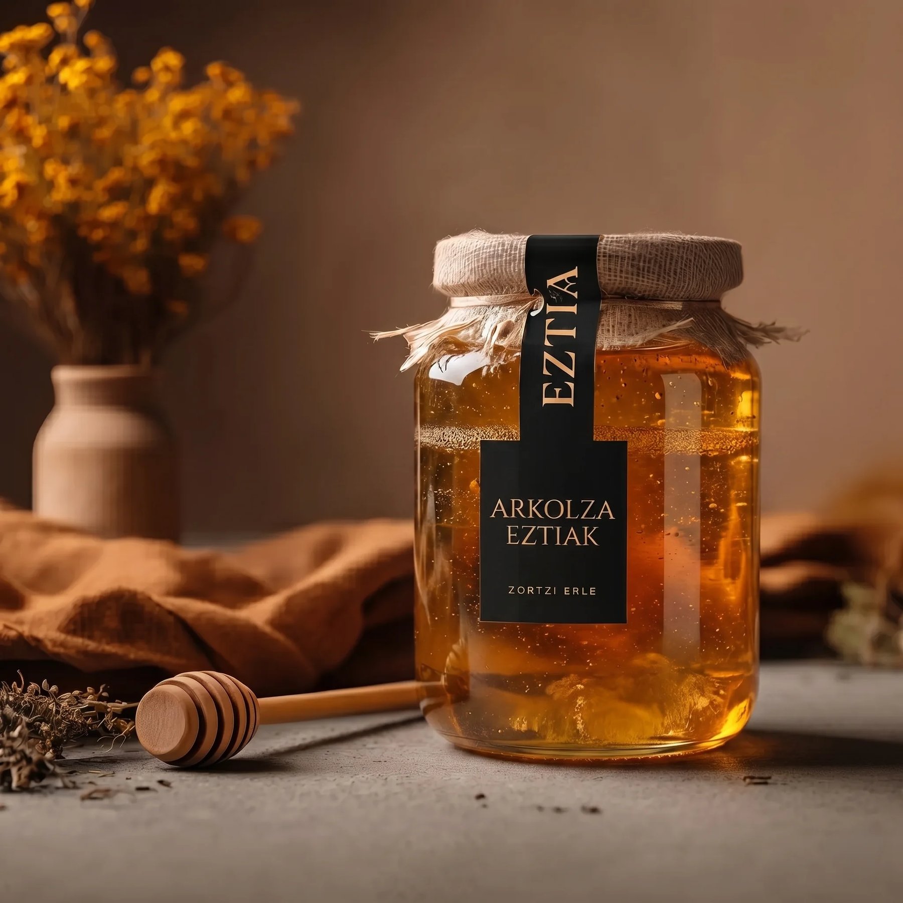 Tarro de miel artesana, fotografía de producto con IA