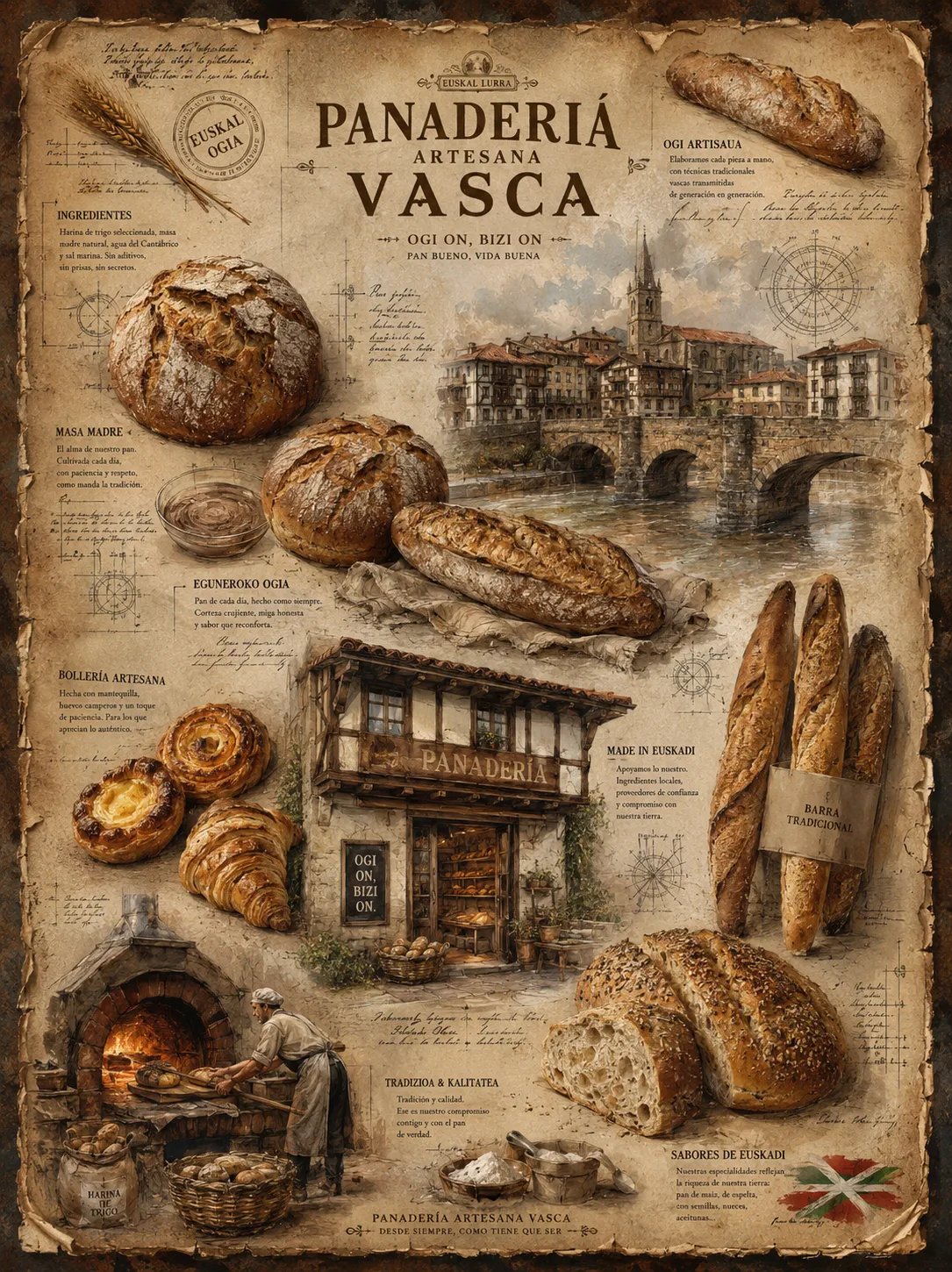 Baguette de panadería artesana, fotografía con IA