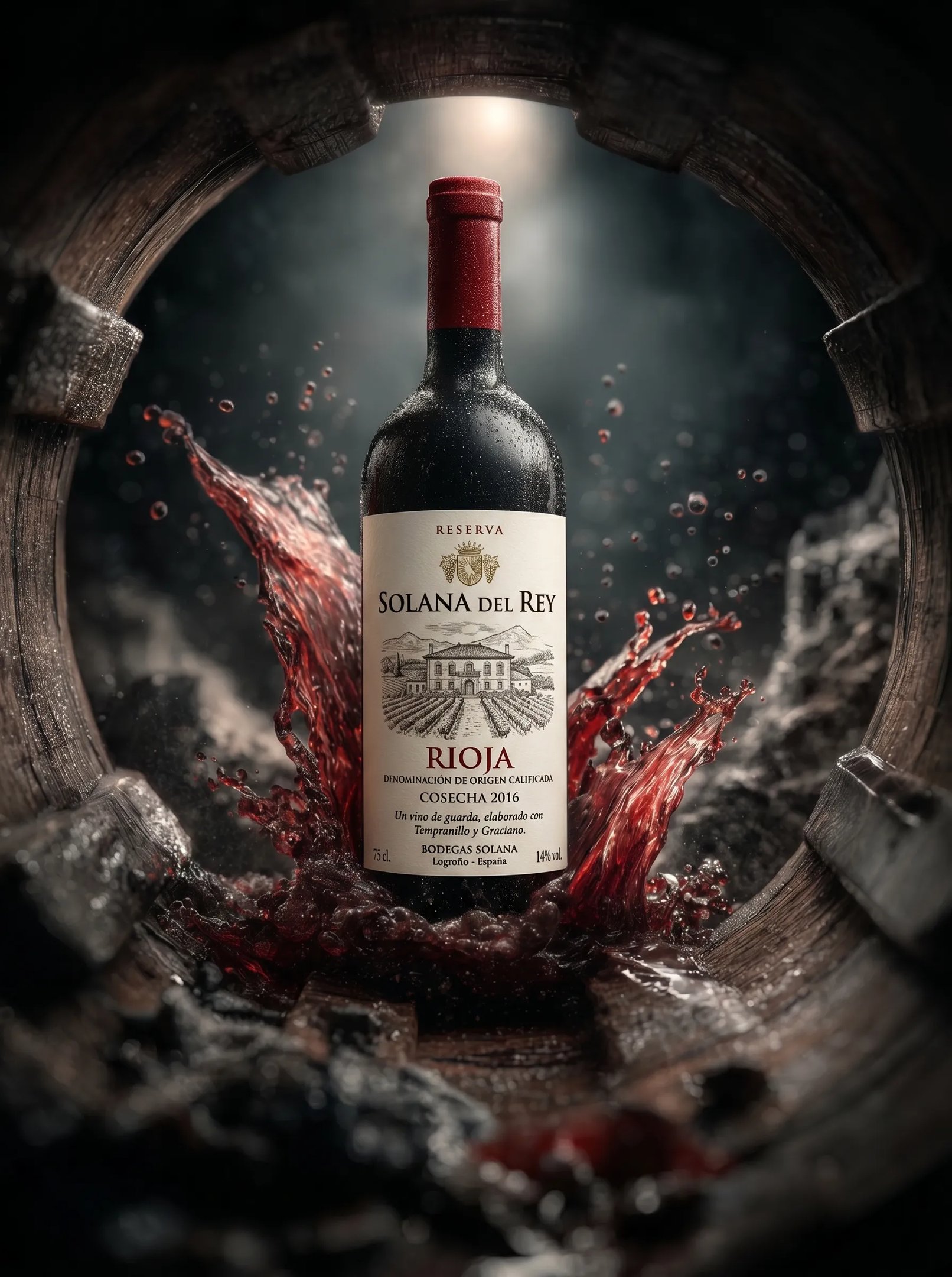Vino tinto con salpicadura sobre barrica, imagen con IA