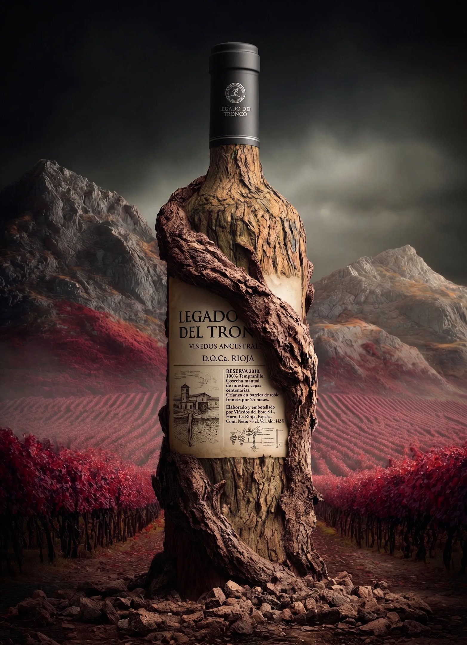 Botella de vino en bodegón conceptual creado con IA